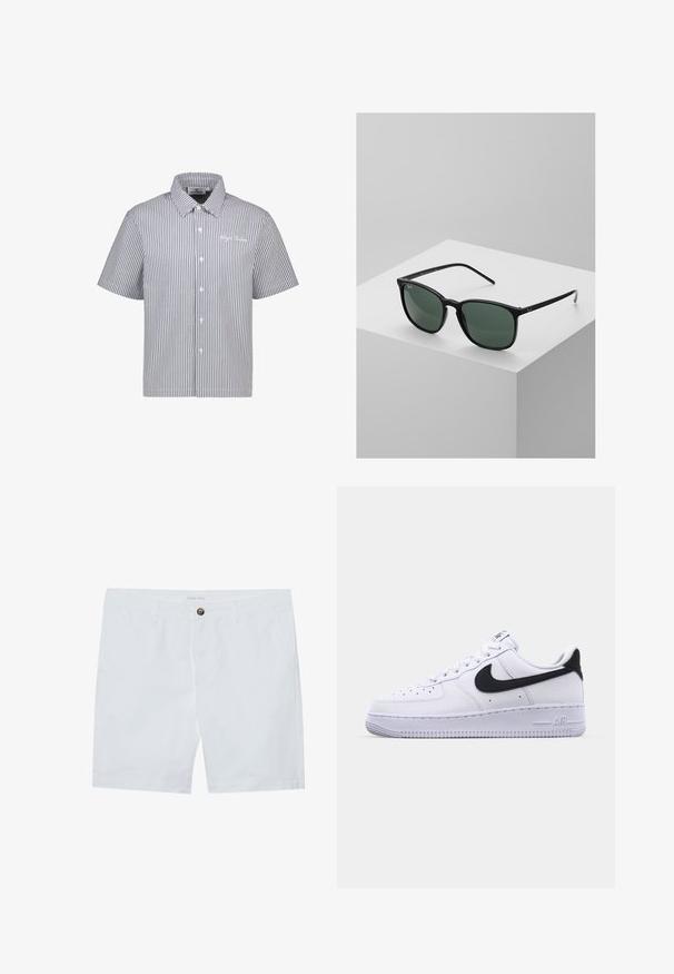 Camisa de manga corta a rayas en azul y blanco con frente abotonado y cuello. Presenta un sutil detalle de logo en el pecho. Material de mezcla de algodón.; Pantalones cortos de algodón blancos con cierre de botón delantero, dos bolsillos laterales y un corte recto. Etiqueta de marca "Pier One" en la cintura.; Zapatilla blanca de cuero con un Swoosh negro texturizado, cordones planos y una suela de goma con un patrón estriado. "AIR" está grabado en el talón.; Gafas de sol rectangulares negras con lentes verde oscuro, que cuentan con un diseño de marco de plástico ligero y acentos plateados en las patillas.