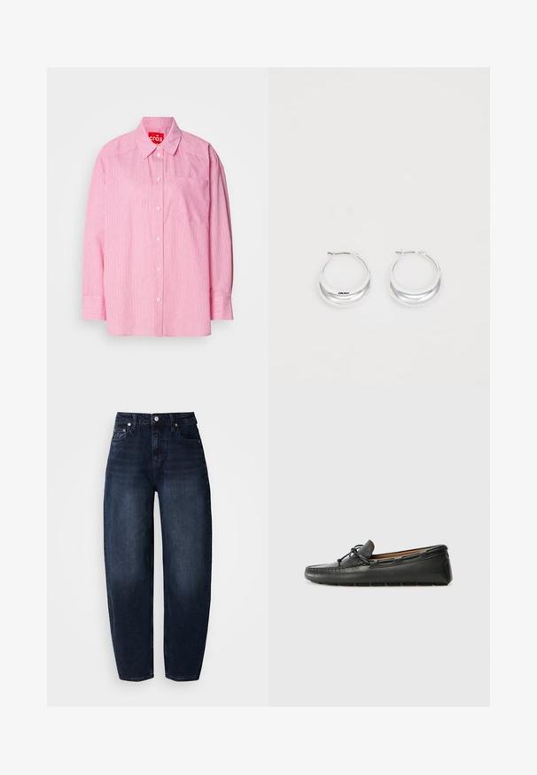 Chemise rose à manches longues, présentant des rayures verticales blanches, une poche poitrine et des poignets boutonnés. Confectionnée en tissu léger.; Jean en denim bleu foncé à coupe décontractée, présentant une taille haute, une coupe droite et un style classique à cinq poches.; Bateau en cuir noir avec un bout arrondi, des détails de couture, un petit accent en nœud et une semelle en caoutchouc. Texture lisse et design épuré.; Boucles d'oreilles en argent avec une finition polie et un branding DKNY, présentées sur un fond blanc uni.