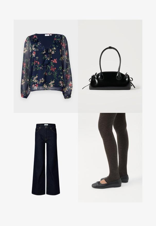 Blusa azul marino, transparente, con estampado floral. Presenta un escote en V, detalles con volantes y mangas largas abullonadas con puños elásticos.; Vaqueros de mezclilla azul oscuro con pernera ancha, cierre delantero con botón y cremallera, trabillas para cinturón y bolsillos delanteros, mostrados sobre un fondo blanco.; Piernas con leggings oscuros acanalados combinados con bailarinas negras que presentan pequeños detalles de lazo sobre un fondo blanco.; Pequeño bolso negro brillante con dos asas largas y detalles de cordón lateral sobre un fondo claro liso.
