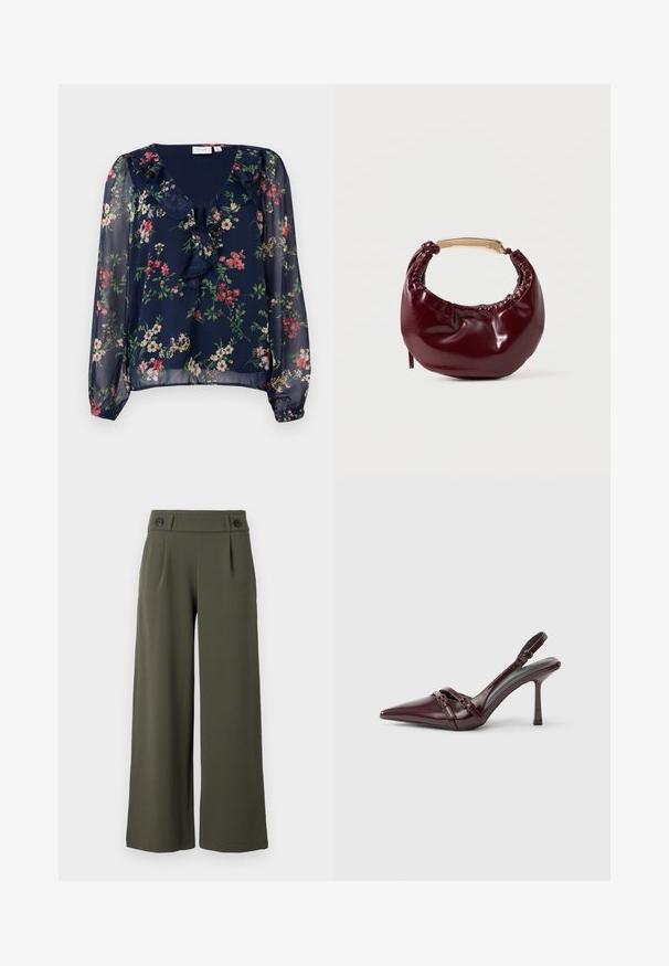 Marineblauwe, doorschijnende blouse met bloemenpatroon. Beschikt over een V-hals, gerimpelde details en lange, puffed mouwen met elastische manchetten.; Brede olijfgroene broek van soepel materiaal; heeft twee zwarte knopen op de tailleband en voorplooien voor extra detail.; Bordeauxrode lakleren slingback met puntige neus, dunne enkelband en kleine decoratieve gespsluiting. Gladde textuur en hoge hak.; Bordeaux neplederen handtas met een ronde vorm, geplooide details en een handgreep van goudkleurig metaal. Gladde textuur en glanzende afwerking.