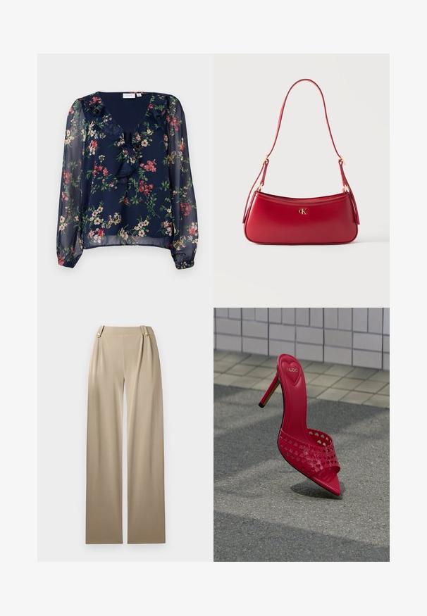 Mørkeblå, gennemsigtig bluse med blomsterprint. Har en v-halsudskæring, flæse detaljer og lange, puffede ærmer med elastiske manchetter.; Beige brede bukser med en glat overflade, der har to dekorative knapper i taljen og subtile plisseringer for ekstra detaljer.; Rød højhælet sko med spids tå og udskåret hjertefigur. Blank finish med stilethæl og polstret inderside med "ALDO"-logo.; Rødt læder skuldertaske med gyldent "cK" logoemblem og justerbar rem mod en ensfarvet lys baggrund.
