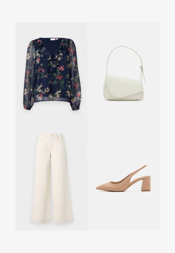 Blusa azul marino, transparente, con estampado floral. Presenta un escote en V, detalles con volantes y mangas largas abullonadas con puños elásticos.; Pantalones de mezclilla de pierna ancha en un tono beige claro, con cintura alta, dos bolsillos frontales, cierre de botón y un sutil detalle de costura.; Zapato de tacón alto color beige tipo slingback con punta afilada, parte superior de cuero liso y tacón bloque transparente. Diseño sencillo con un lado recortado.; Bolso de mano de imitación cuero blanco con una forma triangular estructurada, correa ajustable única y cierre con solapa acentuada en curva.