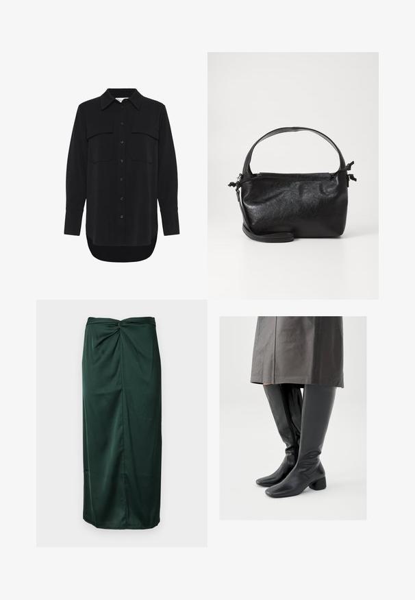 My Essential Wardrobe MWSILLE HACE - Blúzka so zapínaním na gombíky - black; Tmavozelená saténová sukňa s prekrúteným dizajnom v páse a hladkým, rovný strih s jemnou textúrou.; Čierne kožené čižmy po kolená so štvorcovou špičkou, sklopeným blokovým podpätkom a bočným zipsom; hladký povrch a priliehavý dizajn.; Čierna kožená kabelka so štruktúrovaným dizajnom, okrúhlym horným uchom a odnímateľným ramenným popruhom. Má hladkú textúru a jemný lesk.