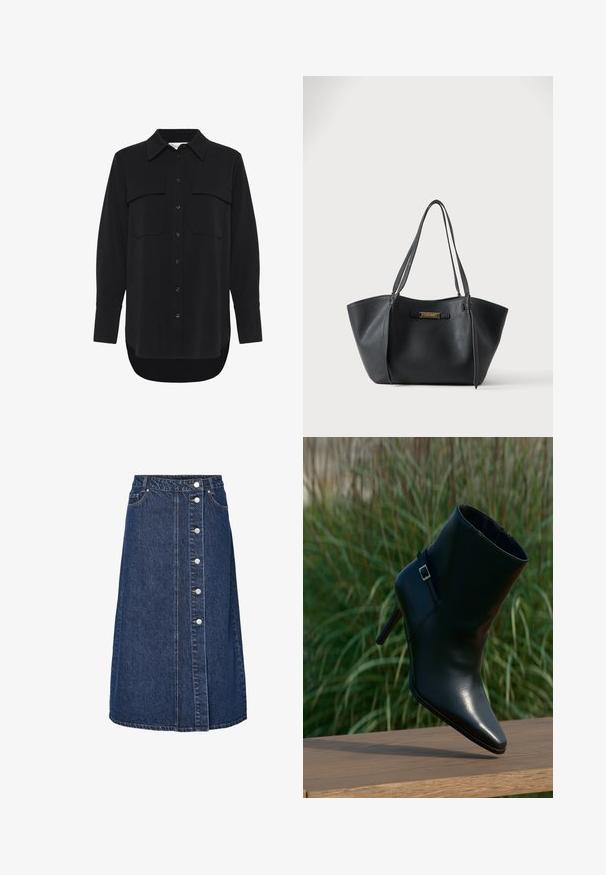 My Essential Wardrobe MWSILLE HACE - Blúzka so zapínaním na gombíky - black; Džínová sukňa s vysokým pásom, predným zapínaním na gombíky a dvoma bočnými vreckami. Tmavomodrá farba, rovný strih a viditeľné šitie.; Čierna kožená členková čižma so zvýraznenou špičkou, podpätkom s vrstvami, lesklou textúrou a ozdobným remienkom s akcentom v podobe striebornej pracke.; Čierna kožená taška tote s dvojitými ramennými popruhmi a malou zlatou značkovou platničkou v strede vpredu.