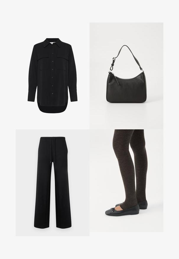 My Essential Wardrobe MWSILLE HACE - Skjortebluser - black; Sorte bukser med vide ben, elastisk talje og justerbar snor, vist fladt på en ensfarvet lys baggrund.; Ben iført mørke ribbede leggings kombineret med sorte balletsko med små sløjfedetaljer på hvid baggrund.; Sort læderhåndtaske med en buet form, en enkelt rem, lynlås lukning og diskret branding på forsiden. Glat tekstur, minimalistisk design.