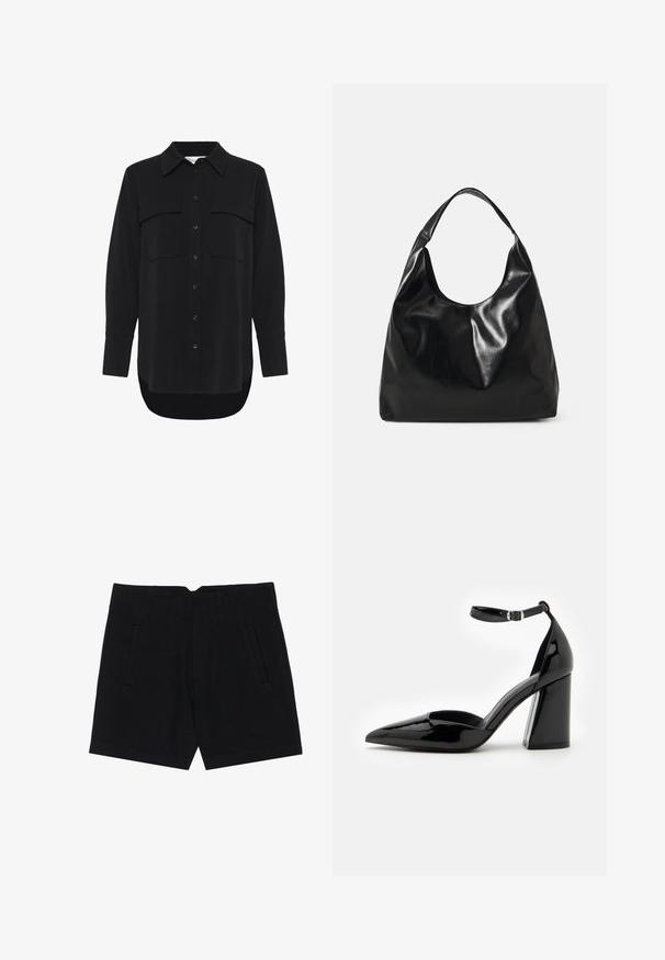 My Essential Wardrobe MWSILLE HACE - Skjortebluser - black; Sorte shorts lavet af et glat stof, der har sidelommer, en skræddersyet pasform og strukturerede læg foran for en ren silhuet.; Sorte patenterede læder høje hæle med spids tå, ankelrem og bred blokhæle for stabilitet, med en glat og skinnende overflade.; Sort læder hobo taske med en blød, skinnende tekstur og en rund, åben top. Har en bred, buet strop til bæring. Ingen synlig hardware.
