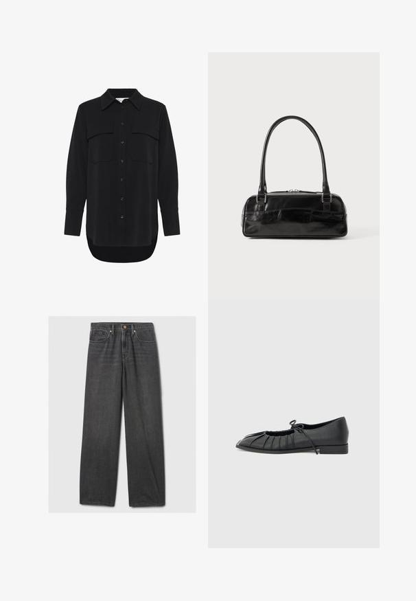 My Essential Wardrobe MWSILLE HACE - Blúzka so zapínaním na gombíky - black; Čierne rovné džínsy vyrobené z denimu, s piatimi vreckami, mosadznými nitmi a čistým lemom bez viditeľných vzorov alebo opotrebenia.; Čierna plochá obuv s pregĺadeným predným dizajnom a viazanou mašľou na vrchu, nízky podpätok a hladká textúra na svetlosivom pozadí.; Čierna kožená kabelka obdĺžnikového tvaru, vybavená jednou pevnou rukoväťou, strieborným kováním a zipsom. Hladký povrch.