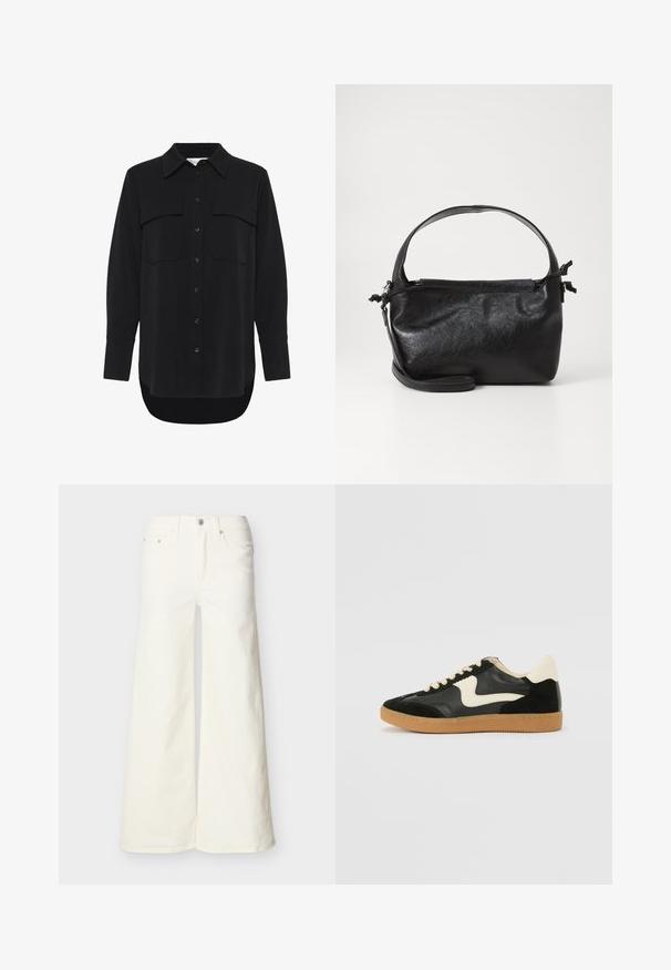 My Essential Wardrobe MWSILLE HACE - Skjortebluser - black; Hvide denimbukser med vide ben, fem lommer og knappelukning, vist fladt mod en lys baggrund.; Sorte ruskinds- og lædersneakers med en cremefarvet side-swoosh og lys cremefarvet hæl. Har beige snørebånd og en gummirubber-sål.; Sort læderhåndtaske med et struktureret design, rund tophåndtag og aftagelig skulderrem. Den har en glat tekstur og en subtil glans.