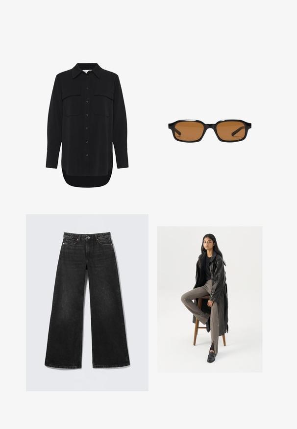 My Essential Wardrobe MWSILLE HACE - Blúzka so zapínaním na gombíky - black; Čierne džínsové nohavice so širokými nohavicami, piatimi vreckami a zapínaním na gombík, zobrazené na svetlom pozadí.; Čierny kožený trenčkot s gombíkmi a detailom pásu, v kombinácii so svetlohnedými priliehavými nohavicami a čiernymi mokasínami, posadený na drevenej stoličke.; Čierne obdĺžnikové slnečné okuliare s hrubými rámami a hnedom sfarbenými šošovkami, zobrazené spredu na bielom pozadí.