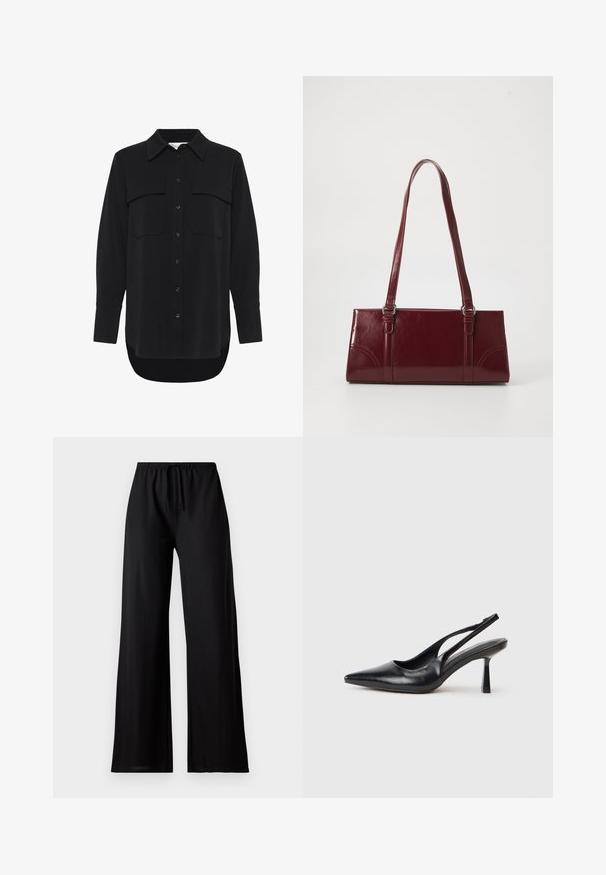 My Essential Wardrobe MWSILLE HACE - Blúzka so zapínaním na gombíky - black; Čierne nohavice s širokými nohavicami, elastickým pásom a sťahovacou šnúrkou, určené na bežné nosenie.; Čierna kožená sandálová vysoká topánka s špicatou špičkou a štíhlým podpätkom na bielom pozadí.; Bordová kabelka vyrobená z lesklého materiálu, obdĺžnikový tvar, s dvoma ramennými popruhmi a jemnými zakrivenými akcentmi na prednej strane.