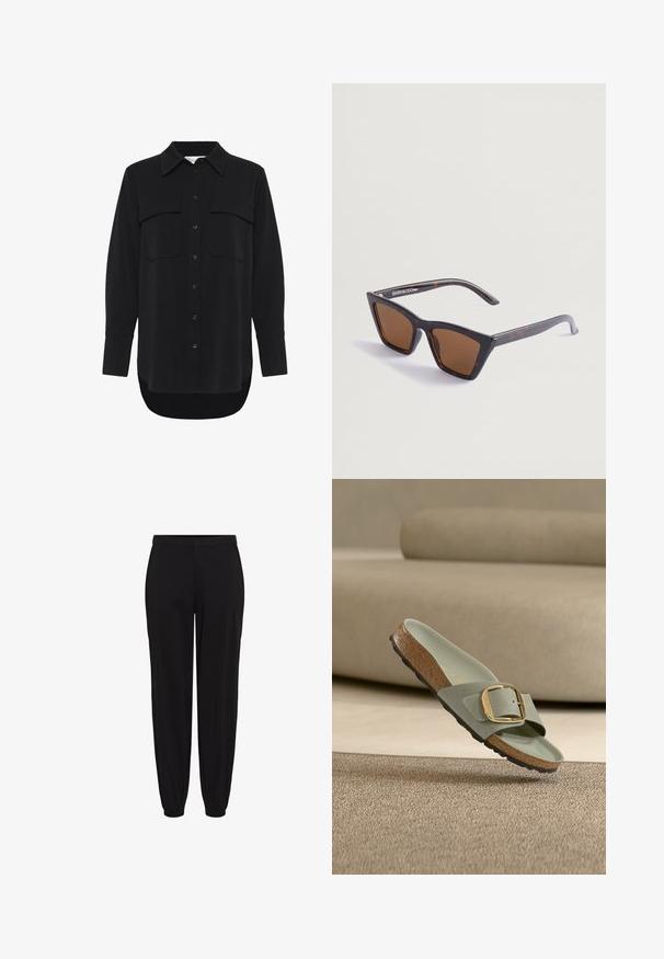 My Essential Wardrobe MWSILLE HACE - Skjortebluser - black; Sorte skrå bukser med elastiske manchetter og en tætsiddende talje, designet for en behagelig, afslappet pasform.; Enkelt lysegråt slip-in sandal med korksål og stor guldlås, der svæver over et struktureret beige tæppe med en beige sofa i baggrunden.; Skildpadde-sunglasses med en skarp, vinkelret form. Brune, tonede linser og slanke arme med brandlogoet i hvidt på den ene side.