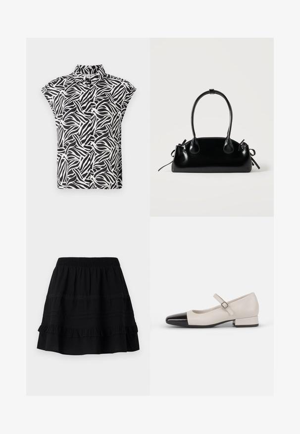 Camisa de manga corta en blanco y negro, con un patrón de olas. Fabricada con un tejido ligero, cuenta con un cuello de botón y detalle de botones.; Falda de algodón negra con un diseño de volantes en capas, que presenta una cintura elástica y adornos de costuras en contraste y bandas de encaje.; Zapato estilo Mary Jane en cuero crema con puntera de charol negro. Presenta una punta redonda, tirante en el tobillo con una hebilla cuadrada y un tacón bajo y cuadrado.; Pequeño bolso negro brillante con dos asas largas y detalles de cordón lateral sobre un fondo claro liso.
