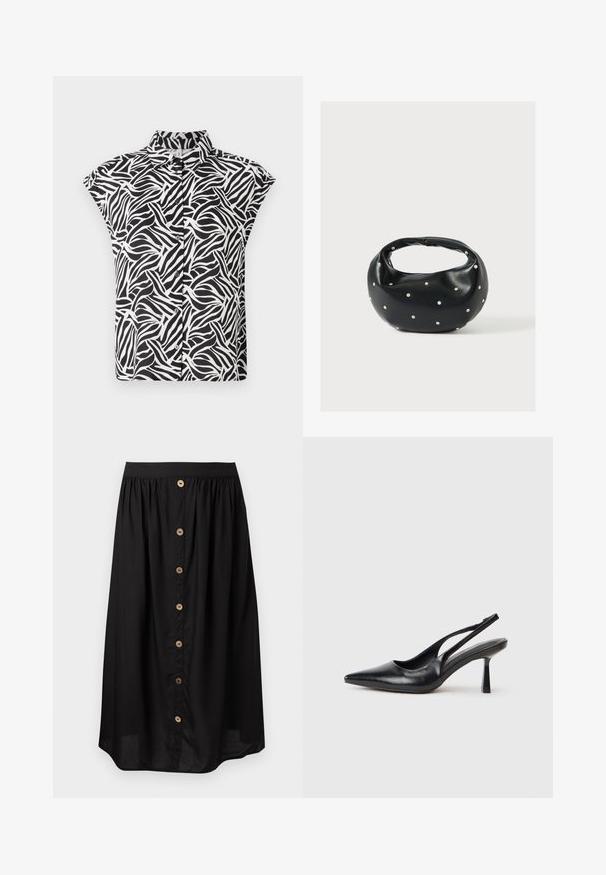 Kurzarmshirt in Schwarz und Weiß mit Wellenmuster. Hergestellt aus leichtem Stoff mit kragenähnlichem Ausschnitt und Knopfdetails.; Schwarzer Midirock mit hoher Taille, vordere Knopfleiste mit sieben runden beigen Knöpfen und unterhalb des Bundes gerafftem Stoff.; Schwarzer Leder Slingback High Heel Schuh mit spitzer Zehenpartie und schmalem Absatz auf einem weißen Hintergrund.; Schwarze Lederhandtasche mit abgerundeter Form, verziert mit silbernen Nietenakzenten und kurzem Griff. Glatte Struktur und Reißverschlussverschluss.