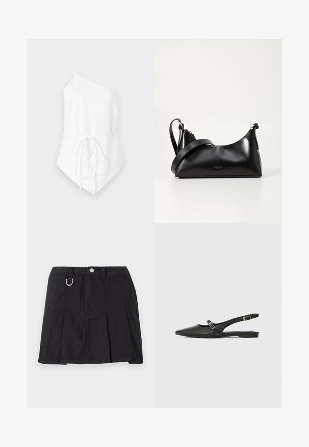 Haut blanc à une épaule en tissu léger. Présente un détail noué à la taille et un ourlet asymétrique. Texture lisse.; Jupe plissée noire en coton, avec une fermeture à boutons sur le devant, des passants de ceinture et un accent en D-ring sur la taille.; Chaussures slingback en cuir noir avec un bout pointu, comprenant une lanière étroite et un accent de boucle argentée sur le côté. Semelle plate.; Sac à main en cuir noir avec une texture lisse. Dispose d'une bandoulière adjustable et d'un design élégant et minimaliste avec une fermeture éclair.
