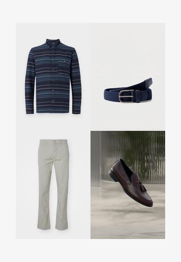 Langærmet skjorte med knapper, der har en marineblå baggrund med varierende blå vandrette striber, en krave og en brystlomme. Blød tekstur.; Lys grå bomulds-chinos med lige ben-design, lynlås- og knaplukning samt forlommer. Glat tekstur med kanten syet.; Brune læder loafers med en glat tekstur, med dekorative kvaster og en forhøjet sømdetalje, sat mod en minimalistisk baggrund.; Marineblåt vævet stofbælte med sølvfarvet metalspænde og læderdetaljer, viklet sammen på en hvid baggrund.