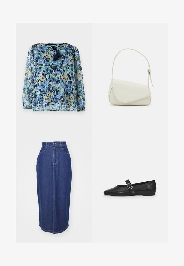 Transparante blouse met een blauw, groen en zwart bloemenpatroon, ronde halslijn met trekkoord, en twee franjes. Lange, luchtige mouwen.; Denim rok in donkerblauw met een hoge taille, rechte snit, voorzakken en een centrale naad. Afgewerkte zoom met minimale details.; Zwarte leren platte schoen met een ronde neus, een enkele verstelbare gespsluiting en een gladde, glanzende textuur. Minimalistisch ontwerp met een lage hak.; Witte nepleren handtas met een gestructureerde driehoekige vorm, een enkele verstelbare schouderriem en een klep met ronde accenten.