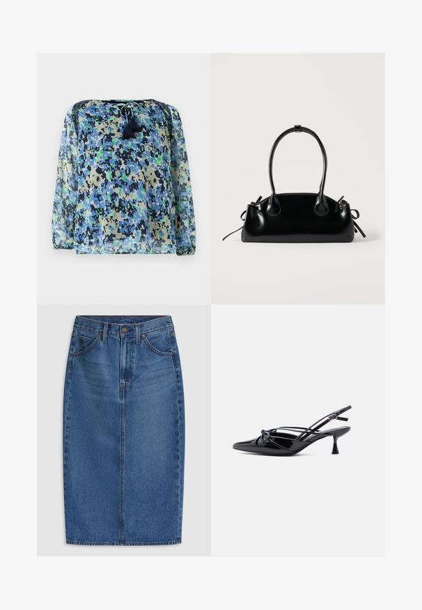 Blouse transparente avec un motif floral bleu, vert et noir, col rond avec cordon de serrage et deux pompons. Manches longues et amples.; Jupe en denim coupée à hauteur du genou, avec un délavage bleu clair à moyen, cinq poches et des accents de couture le long des coutures.; Escarpin slingback en cuir verni noir, bout pointu, petit talon kitten et nœud décoratif noué à l'avant.; Petit sac à main noir brillant avec deux longues anses et des détails à cordon sur les côtés sur un fond clair uni.