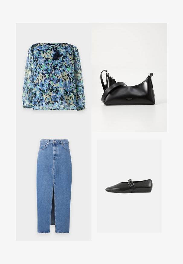 Gennemsigtig bluse med et blåt, grønt og sort blomstermønster, rund halsudskæring med snoretræk og to frynser. Lange, luftige ærmer.; Lyseblå denim midi-nederdel med en frontslids, klassisk fem-lomme design og lukning med topknap. Stoffet har en let struktur.; Sorte læder flade sko med spidse tæer, prydet med en metallisk spænde over vristen og en lav, fleksibel sål.; Sort læderhåndtaske med en glat tekstur. Har en justerbar stropp og et enkelt, minimalistisk design med lynlås.