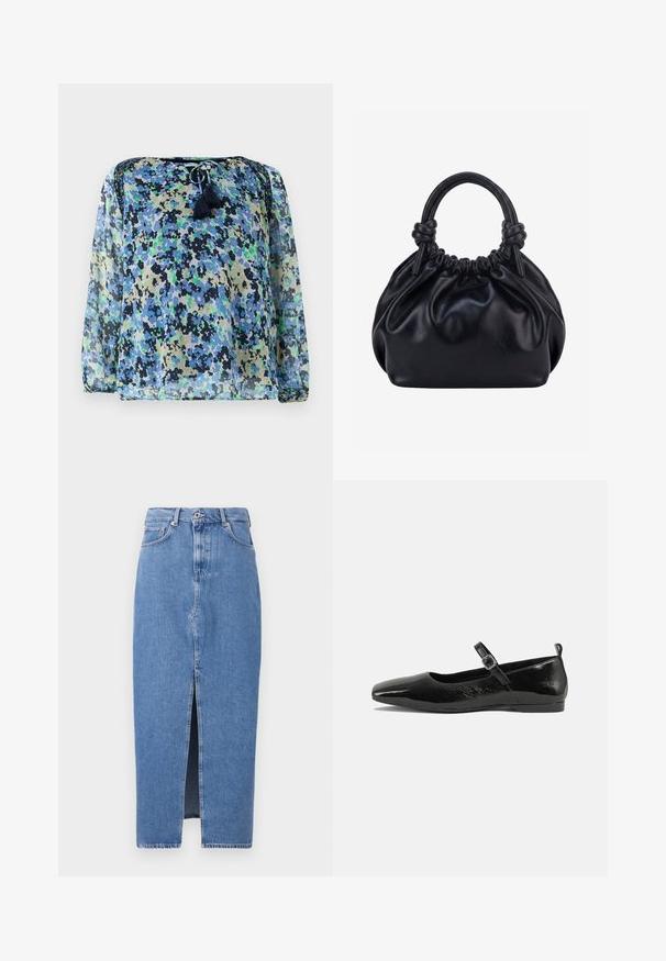 Blouse transparente avec un motif floral bleu, vert et noir, col rond avec cordon de serrage et deux pompons. Manches longues et amples.; Jupe midi en denim bleu clair avec une fente avant, design classique à cinq poches et fermeture par bouton supérieur. Le tissu présente une légère texture.; Chaussure plate en cuir verni noir avec un bout pointu, une sangle de cheville avec boucles, et une texture lisse et brillante. Talon bas pour le confort.; Sac à main en cuir noir souple avec le dessus froncé et deux grosses poignées nouées sur un fond uni clair.