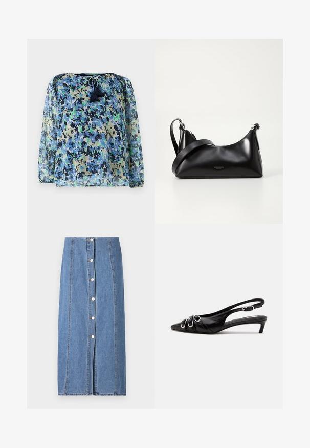 Blouse transparente avec un motif floral bleu, vert et noir, col rond avec cordon de serrage et deux pompons. Manches longues et amples.; Jupe en denim de couleur bleu clair avec une silhouette droite. Présente une fermeture à boutons à l'avant, des coutures verticales et un ourlet brut au bas.; Chaussure slingback en cuir noir avec bout pointu, trois boucles argentées à l'avant et petit talon kitten sur fond blanc.; Sac à main en cuir noir avec une texture lisse. Dispose d'une bandoulière adjustable et d'un design élégant et minimaliste avec une fermeture éclair.