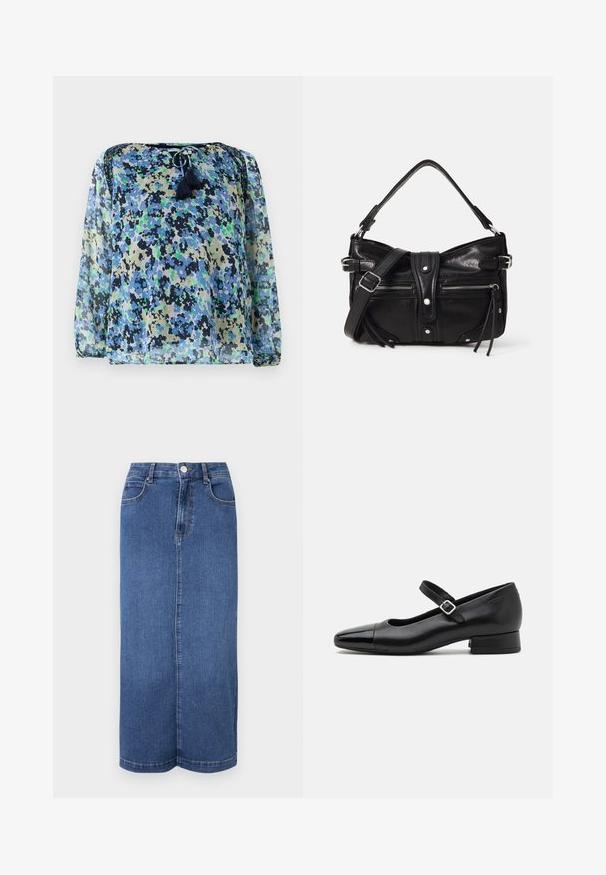 Gennemsigtig bluse med et blåt, grønt og sort blomstermønster, rund halsudskæring med snoretræk og to frynser. Lange, luftige ærmer.; Mørkeblå denim maxiskørt med lige snit, talje med knaplukning og minimale syninger.; Sorte læder Mary Jane-sko med en patenttå, justerbar ankelrem og lav blokhæl. Glat tekstur og strømlinet design.; Even&Odd H24462 - Håndtasker - black