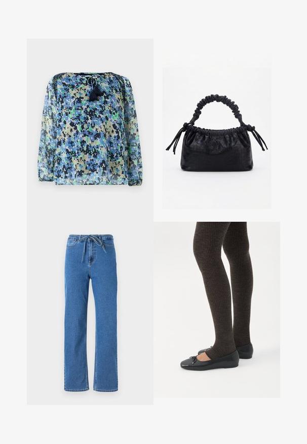 Blouse transparente avec un motif floral bleu, vert et noir, col rond avec cordon de serrage et deux pompons. Manches longues et amples.; Jeans en denim bleu avec une coupe décontractée, présentant une taille à cordon, des jambes droites et des détails de couture classiques. Pas d'ornements.; Jambes portant des leggings côtelés foncés associés à des ballerines noires avec de petits détails en nœud sur fond blanc.; Sac à main noir avec texture crocodile, bord supérieur froncé, poignée plissée et pompons à cordon de chaque côté sur fond blanc.