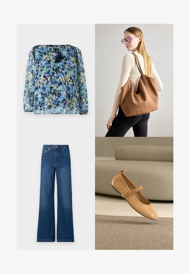 Aknaline pluus, millel on sinine, roheline ja must lillemuster, ümar kaelus koos kummiköiega ja kaks tanchot. Pikad, kimpuv varrukad.; GAP STRIDE SUTTON - Wide leg - dark wash; Heleroheline lame Mary Jane tüüp king ruššis rihmaga, hõljumas beežikarva vaiba kohal sobiva diivani ees.; Pruunist suedi kott pehme tekstuuriga, suure ava ja pikkade rihmadega. Omab lihtsat disaini nähtava õmblusega ja ilma metalldetailideta.