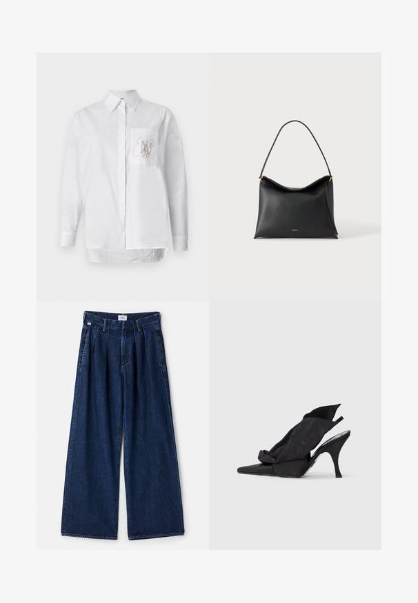 Chemise blanche à manches longues en coton, dotée d'une poche sur la poitrine gauche avec un monogramme brodé en marron clair. Ourlet droit.; Pantalon en denim bleu à jambe large avec plis, doté d'une taille haute, de poches avant et d'une finition texturée. Le tissu est épais et robuste.; Escarpins slingback noirs à talons hauts avec une pointe pointue, dotés d'une tige en textile drapé et d'un nœud décoratif sur le panneau avant.; Sac à main en cuir noir avec une seule bandoulière et un petit logo de marque doré sur un fond clair uni.