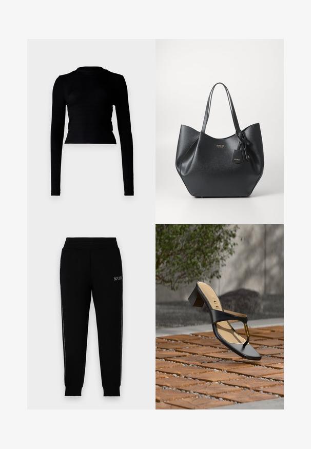 Mustasta pitkähihaisesta crop-topista, jossa on ribbitekstuuri, korkea kaulus ja tiukka malli. Minimalistinen tyyli ilman näkyviä kuvioita tai korostuksia.; Mustapaitaiset verkkarit, jotka on valmistettu pehmeästä kankaasta. Niissä on istuva vyötärö, sivuvetoketjut ja logo-yksityiskohta vasemmassa reidessä. Sileä pinta.; Musta korkokengän sandaali, jossa varvaslenkki ja kultainen yksityiskohta, asetettuna puiselle ja kivellä päällystetylle ulkopinnalle lähellä kasvillisuutta.; Musta kassi, joka on valmistettu tekstuurisesta synteettisestä materiaalista ja jolla on leveä muotoilu. Kassi on varustettu kahdella kahvalla ja brändätyllä riipuksella.