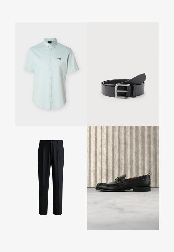 Chemise bleu clair à manches courtes avec col boutonné et logo noir "BOSS" sur la poitrine gauche.; Pantalons noirs en tissu lisse, avec une coupe droite, des plis à l'avant et une fermeture à bouton avec passants de ceinture.; Mocassin en cuir noir avec mors en métal doré et logo "HUGO", présenté sur un tapis beige et un meuble translucide marron.; Ceinture en cuir noir enroulée avec une boucle métallique rectangulaire argentée gravée "BOSS" sur un fond gris clair.