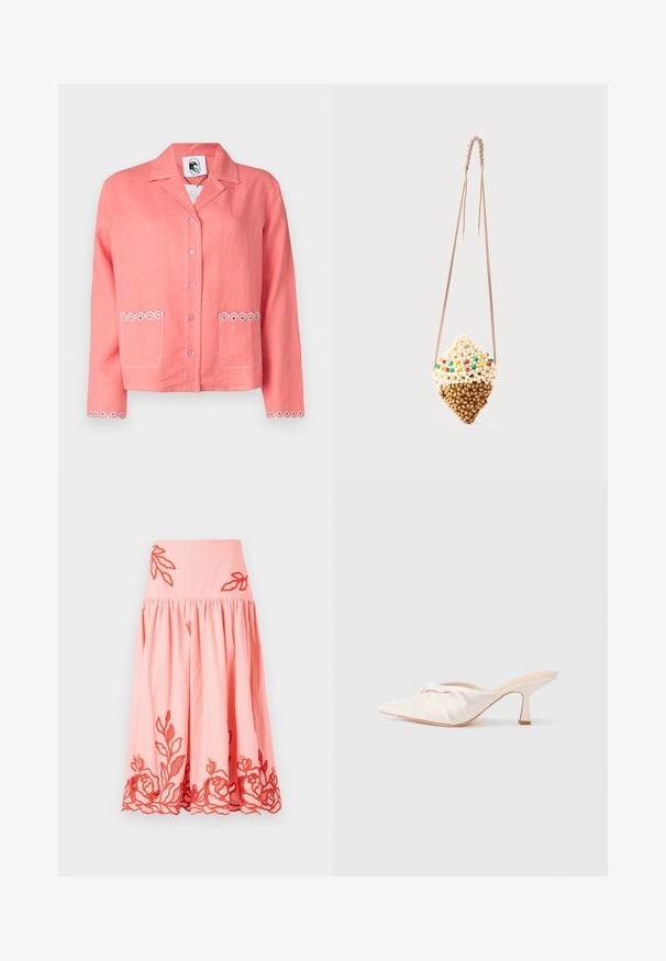 Korallenfarbenes Leinenjackett mit Reverskragen, Knopfverschluss, zwei vorderen Taschen mit runder Stickerei und dekorativer Naht an den Ärmeln.; Cinq à Sept TRAILING PEONIES TILDA - A-Linien-Rock - pink poppy/coral orange; Mule-Schuh aus hellbeigem Stoff mit einem geknoteten Design vorne, spitzer Zehe und einem schlanken, verjüngten Absatz. Insgesamt glatte Textur.; Kleine hängende Tasche in Form einer Eistüte, aus beigefarbenen und braunen Perlen mit bunten Perlenakzenten, an einer dünnen gedrehten Schnur.