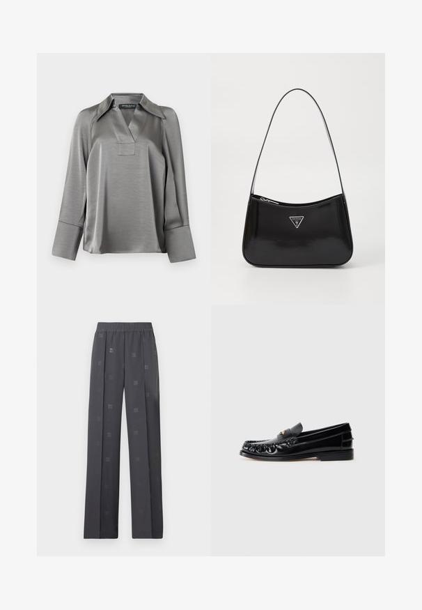 Blouse en satin argenté avec un col pointu, un décolleté en V et des manches longues avec de larges poignets. Texture lisse avec un léger éclat.; Culottes grises avec une taille élastique, dotées d'un motif discret du logo HUGO en all-over, jambes larges et texture lisse.; Mocassins en cuir noir avec un bout arrondi, des coutures décoratives et un petit accent doré sur le dessus. Semelle en caoutchouc plate, design épuré.; Sac à épaule en cuir verni noir avec une forme incurvée, présentant un logo triangle en argent et une fermeture éclair. Texture lisse et bandoulière fine.