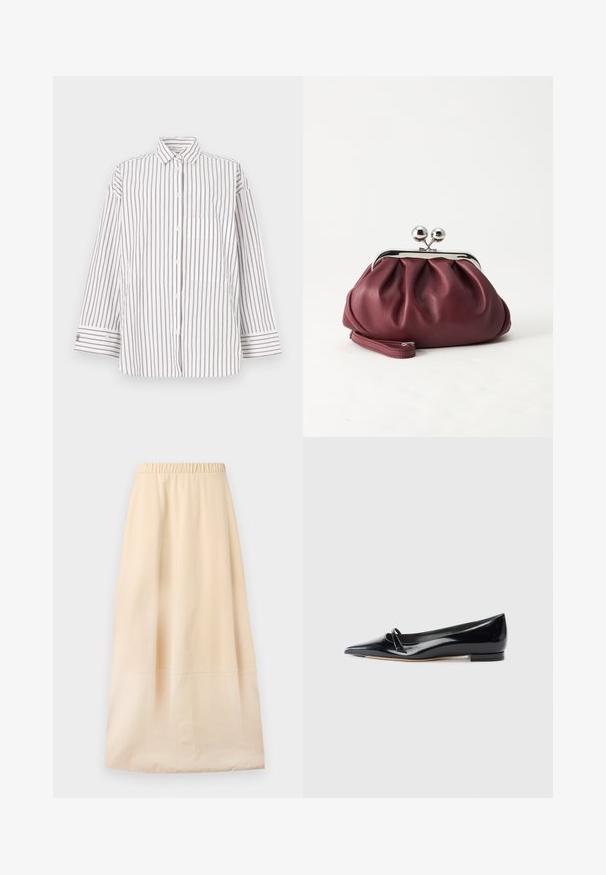 Chemise rayée en tissu léger, présentant des rayures verticales marron et blanches, un col et une poche avant. Manches longues avec poignets à boutons.; Jupe longue beige avec taille élastique et détail de couture subtil, présentée à plat sur un fond clair.; Chaussure plate en cuir verni noir avec un bout pointu, une petite lanière décorative et un petit talon carré. Texture lisse et design épuré.; Petit sac pochette en cuir bordeaux avec fermoir métallique argenté et bracelet sur fond blanc.