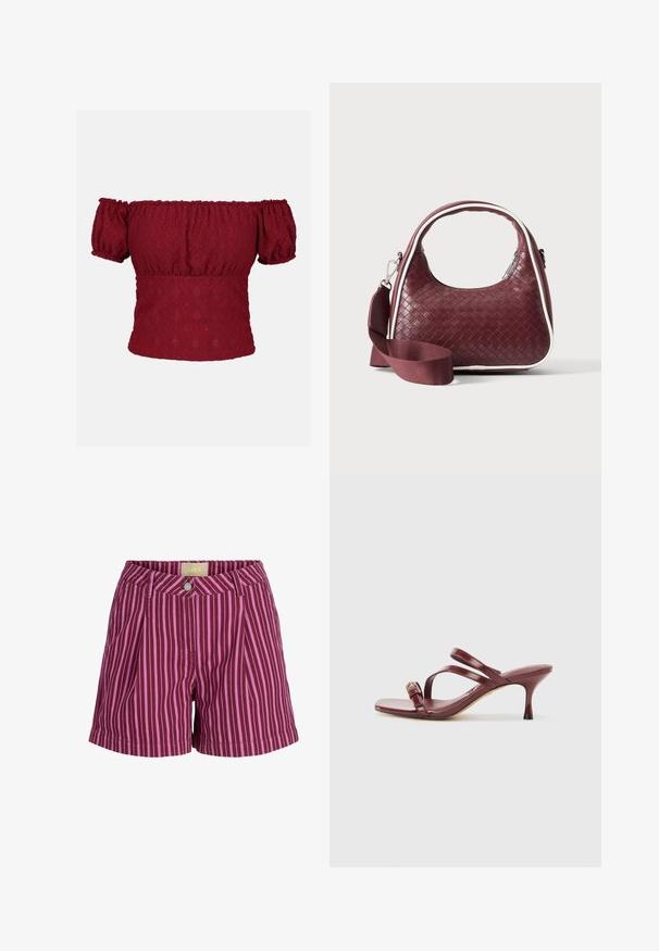 Top bordeaux à épaules dénudées avec des manches courtes bouffantes, présentant un motif en diamond texturé et un col élastiqué ainsi qu'un ourlet élastique.; Short rayé vertical violet et rose avec fermeture boutonnée et passants de ceinture, présentant des plis à l'avant et une étiquette de marque JJXX à l'intérieur de la ceinture.; Sandales à talons hauts en cuir verni bourgogne avec un bout carré, deux fines lanières et une boucle dorée décorative sur le côté.; Sac à main en cuir tressé marron foncé avec poignée courbée, garniture blanche, fermeture éclair argentée et bandoulière large en tissu amovible sur fond uni.