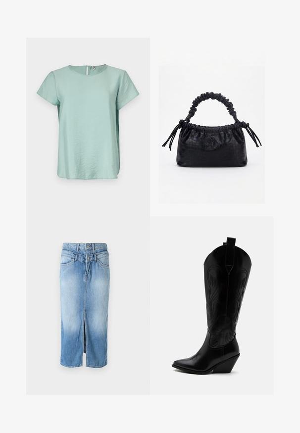 Haut vert menthe à manches courtes avec un col rond et une petite ouverture en forme de clé au dos, fabriqué dans un tissu lisse et léger.; Jupe en denim bleu clair avec une fente à l'avant, fermeture à deux boutons, taille haute, et design standard à cinq poches. Texture lisse, longueur mi-mollet.; Botte de cowboy en cuir noir avec bout pointu, talon bloc incliné, couture décorative et languettes en haut sur fond blanc.; Sac à main noir avec texture crocodile, bord supérieur froncé, poignée plissée et pompons à cordon de chaque côté sur fond blanc.
