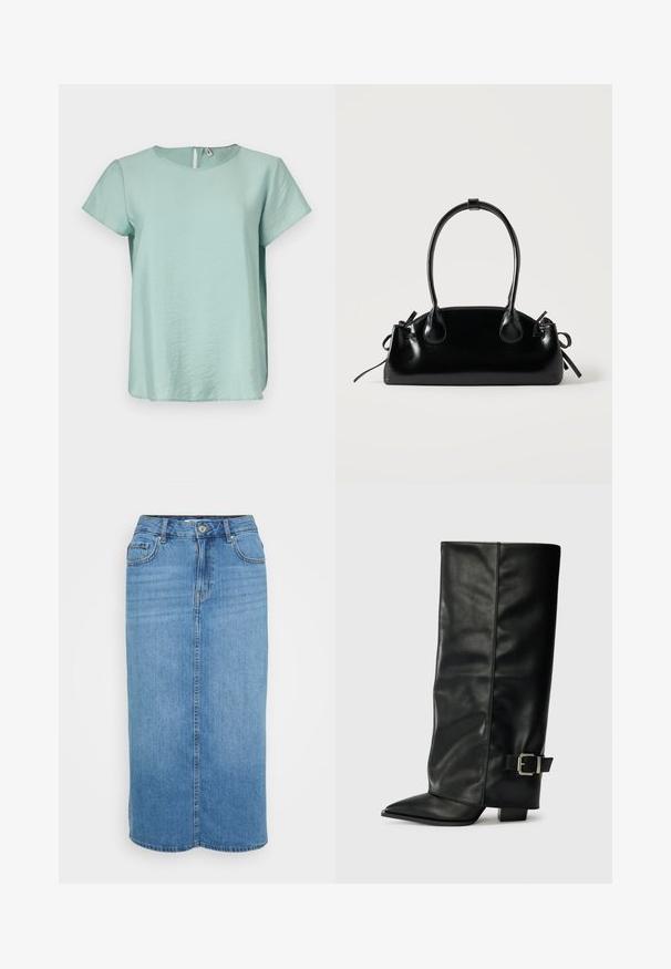 Haut vert menthe à manches courtes avec un col rond et une petite ouverture en forme de clé au dos, fabriqué dans un tissu lisse et léger.; Jupe midi en denim bleu avec une fermeture à boutons sur le devant, cinq poches et une coupe droite. Présente un lavage décoloré et des détails cousus.; Bottes noires en cuir longueur cheville avec un bout pointu, texture lisse et une accent en boucle argentée sur le côté. Talon carré épais.; Petit sac à main noir brillant avec deux longues anses et des détails à cordon sur les côtés sur un fond clair uni.
