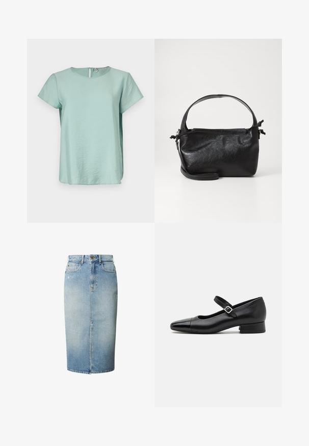 Mintgroene top met korte mouwen, voorzien van een ronde halslijn en een kleine sleutelgatopening aan de achterkant, gemaakt van een gladde, lichte stof.; Lichtblauwe denim kokerrok met voorliggende split, riemlussen, knoopsluiting en vijfzakkenstijl.; Zwarte leren Mary Jane schoenen met een gepatenteerde neus, verstelbare enkelband en lage blokhak. Een gladde textuur en een elegante uitstraling.; Zwarte leren handtas met een gestructureerd ontwerp, een ronde bovenhandgreep en een afneembare schouderriem. Beschikt over een gladde textuur en een subtiele glans.