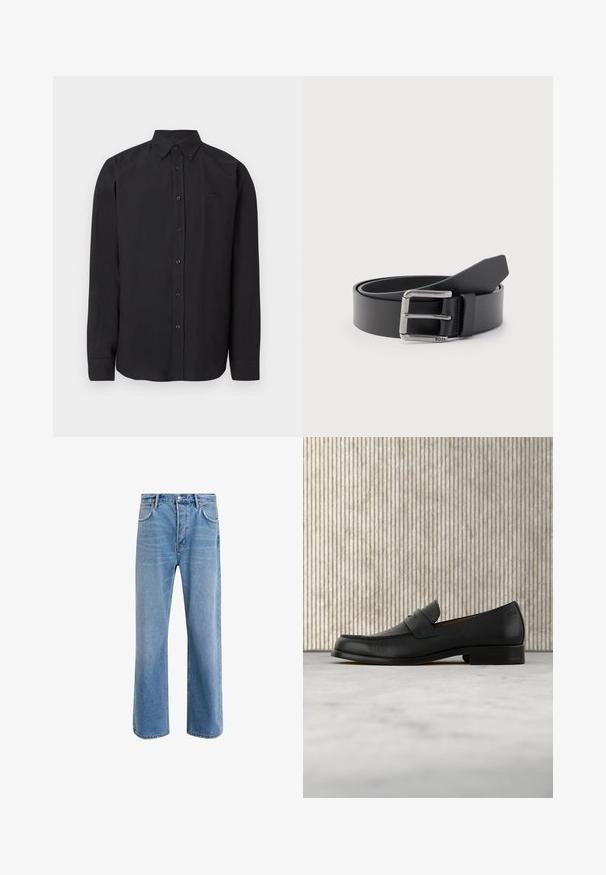 Chemise noire à manches longues avec col boutonné, tissu lisse et logo discret. Dotée de boutons sur le devant et de manches avec poignets.; Jeans en denim bleu clair avec une coupe droite, cinq poches, fermeture à bouton, peu d'usure et des détails de couture contrastés.; Mocassin en cuir noir flottant au-dessus d'un tapis beige avec une table ronde brune brillante en arrière-plan.; Ceinture en cuir noir enroulée avec une boucle métallique rectangulaire argentée gravée "BOSS" sur un fond gris clair.