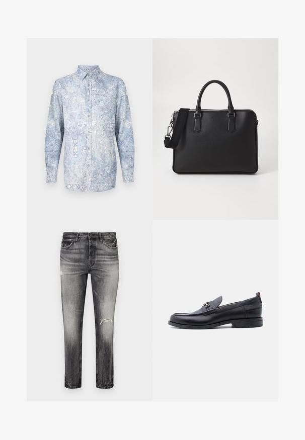 Chemise boutonnée bleu clair avec motifs floraux, manches longues et col classique. Fabriquée en tissu doux avec une texture lisse.; Jean en denim noir décoloré avec une coupe droite, présentant des zones effilochées, des poches avant et une fermeture à bouton classique.; Mocassin en cuir noir avec empeigne texturée grise, détail boucle en métal argenté, petit talon et languette à l'arrière.; Sac en cuir noir avec surface texturée, deux poignées et une bandoulière amovible. Il présente des fermetures éclair en argent et des éléments de design minimalistes.