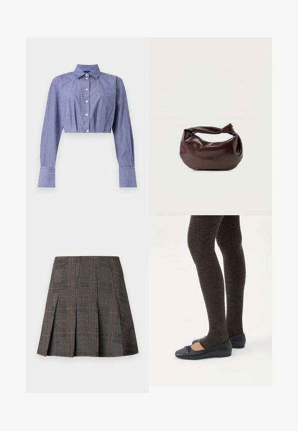 Stribet blå cropped skjorte med knaplukning foran, lange ærmer, klassisk krave og brede manchetter. Fremstillet af letvægtsstof.; Gråternet nederdel med plisseringer, prydet med intrikate mønstre i sort og hvid, akkompagneret af tynde røde linjer. Fremstillet af et struktureret stof.; Ben iført mørke ribbede leggings kombineret med sorte balletsko med små sløjfedetaljer på hvid baggrund.; Mørkebrun læder skuldertaske med en blød, afslappet form og et snoet knudehåndtag på en ensartet hvid baggrund.
