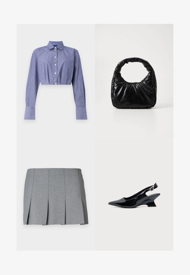 Gestreept blauw cropped shirt met een knoopsluiting aan de voorkant, lange mouwen, klassieke kraag en brede manchetten. Gemaakt van lichtgewicht stof.; Grijze geplooide rok met een gladde textuur, gestructureerd ontwerp en een aansluitende taille. Gemaakt van een lichtgewicht stof met een subtiel patroon.; Zwarte lakleren slingback schoen met spitse neus en lage schuine blokhak op een effen lichte achtergrond.; Zwarte gevoerde handtas met een ronde handgreep, met een gladde, glanzende oppervlakte en een zachte, gewatteerde textuur. Geen zichtbare metalen onderdelen of accenten.