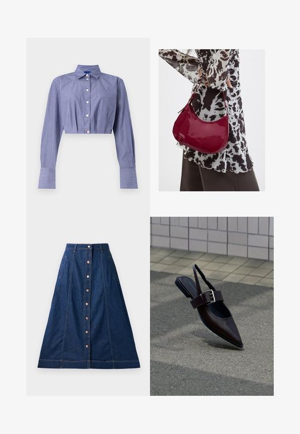 Camisa corta de rayas azules con frente abotonado, manga larga, cuello clásico y puños anchos. Confeccionada en tela ligera.; Falda de mezclilla en forma de A en azul oscuro con cierre de botones en el frente, que cuenta con bolsillos, costuras en contraste y longitud a media pantorrilla.; Zapato plano de punta afilada color marrón oscuro con tira trasera y hebilla grande plateada sobre asfalto cerca de una pared con azulejos.; Mujer con blusa de estampado en blanco y negro sosteniendo un bolso de hombro rojo brillante sobre un fondo liso.