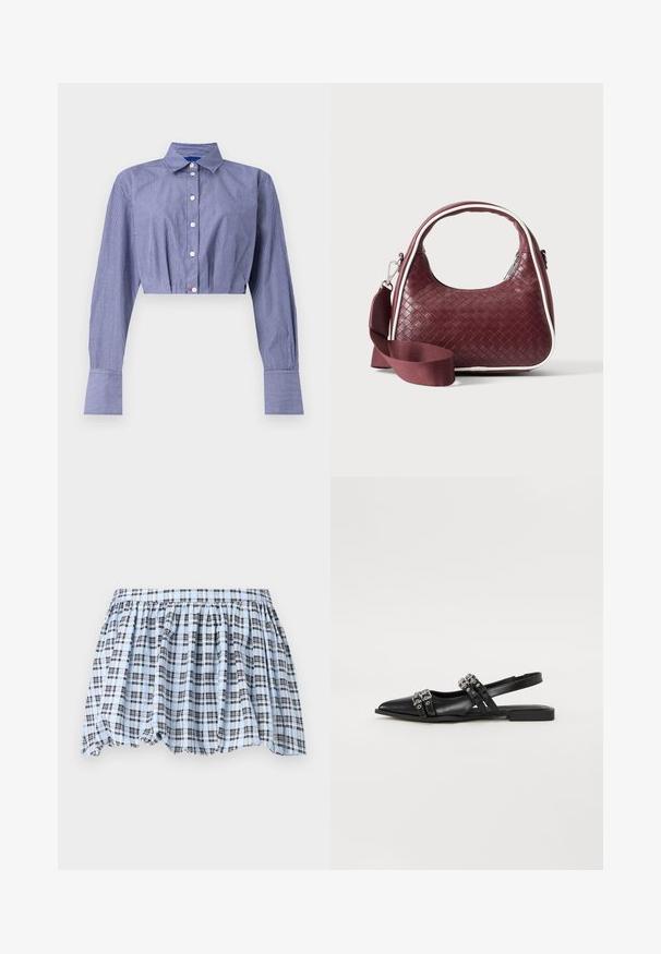 Chemise courte rayée bleue avec un devant boutonné, des manches longues, un col classique et des poignets larges. Fabriquée en tissu léger.; Jupe à carreaux bleue et blanche avec taille élastique et design froncé, ornée de lignes navy créant un motif texturé.; Even&Odd by Zalando Ballerines à brides arrière - black; Sac à main en cuir tressé marron foncé avec poignée courbée, garniture blanche, fermeture éclair argentée et bandoulière large en tissu amovible sur fond uni.