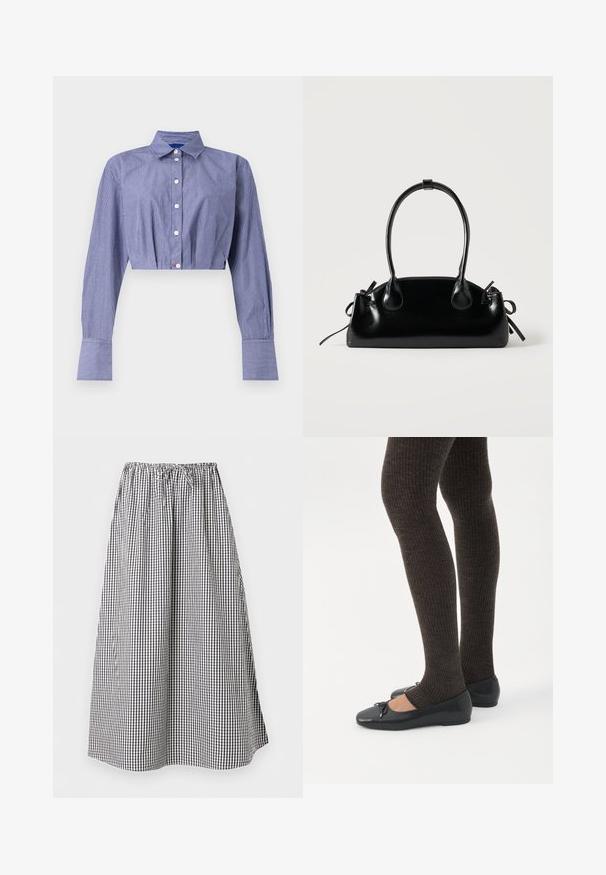Gestreept blauw cropped shirt met een knoopsluiting aan de voorkant, lange mouwen, klassieke kraag en brede manchetten. Gemaakt van lichtgewicht stof.; Lange A-lijn rok met zwart-wit ruitpatroon en elastische tailleband met trekkoord.; Benen met donkere geribbelde leggings gecombineerd met zwarte ballerina's met kleine strikdetails op een witte achtergrond.; Kleine zwarte glanzende handtas met twee lange hengsels en zijkant trekkoord details op een effen lichte achtergrond.