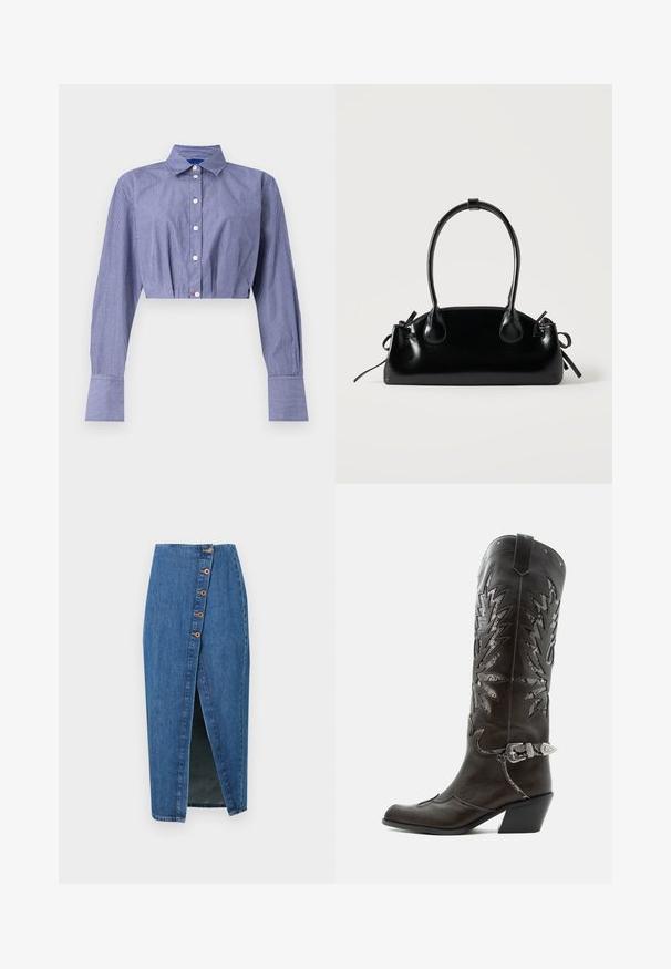 Camisa corta de rayas azules con frente abotonado, manga larga, cuello clásico y puños anchos. Confeccionada en tela ligera.; Falda lápiz de mezclilla en azul medio con una abertura frontal, que presenta seis botones marrones decorativos a lo largo de la costura lateral. Textura suave y diseño ajustado.; Bota cowboy de cuero negro con recortes decorativos, hebilla plateada y tacón inclinado, presentada sobre fondo blanco.; Pequeño bolso negro brillante con dos asas largas y detalles de cordón lateral sobre un fondo claro liso.