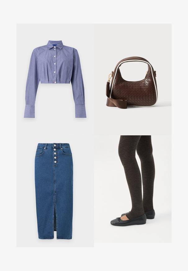Gestreept blauw cropped shirt met een knoopsluiting aan de voorkant, lange mouwen, klassieke kraag en brede manchetten. Gemaakt van lichtgewicht stof.; Blauwe spijkerbroek midi-rok met voorzijde split, knoopsluiting en ontwerp met vijf zakken.; Benen met donkere geribbelde leggings gecombineerd met zwarte ballerina's met kleine strikdetails op een witte achtergrond.; Bruine geweven leren handtas met witte bies, gouden ritssluiting en afneembare bruine stoffen schouderriem.