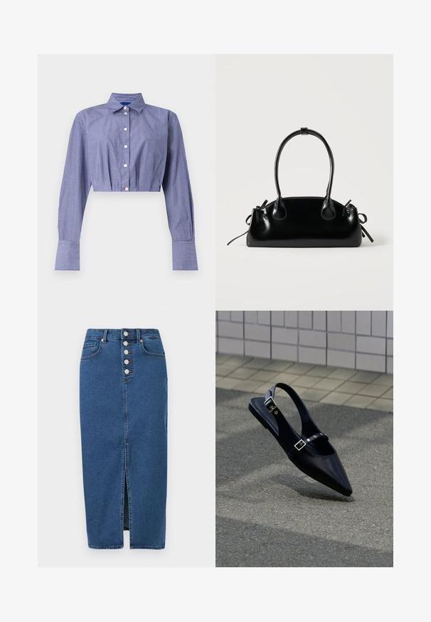 Camisa corta de rayas azules con frente abotonado, manga larga, cuello clásico y puños anchos. Confeccionada en tela ligera.; Falda midi de mezclilla azul con abertura frontal, cierre de botones y diseño de cinco bolsillos.; Zapato plano negro de punta puntiaguda con tiras de doble hebilla y talón descubierto, descansando sobre asfalto gris cerca de una pared con azulejos.; Pequeño bolso negro brillante con dos asas largas y detalles de cordón lateral sobre un fondo claro liso.