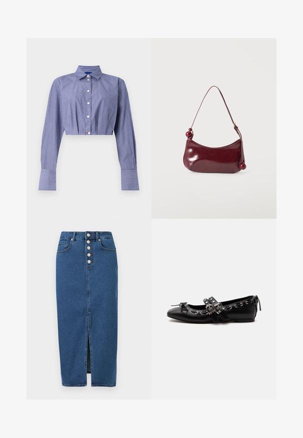 Gestreept blauw cropped shirt met een knoopsluiting aan de voorkant, lange mouwen, klassieke kraag en brede manchetten. Gemaakt van lichtgewicht stof.; Blauwe spijkerbroek midi-rok met voorzijde split, knoopsluiting en ontwerp met vijf zakken.; Zwarte platte balletschoen met dubbele gespsluitingen, zilveren oogjes en een klein strikje nabij de afgeronde neus op een witte achtergrond.; Kleine glanzende donkerrode schoudertas met een gebogen bovenzijde en decoratieve ronde kralen aan de uiteinden van de band.