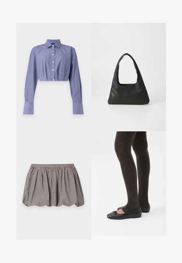 Camisa corta de rayas azules con frente abotonado, manga larga, cuello clásico y puños anchos. Confeccionada en tela ligera.; Falda en línea A a cuadros marrón y blanco con cintura fruncida, hecha de un tejido ligero, que presenta un sutil patrón texturizado.; Piernas con leggings oscuros acanalados combinados con bailarinas negras que presentan pequeños detalles de lazo sobre un fondo blanco.; Bolso de cuero negro con forma triangular, un gran asa recortada y costuras detalladas a lo largo de los bordes. Textura suave.