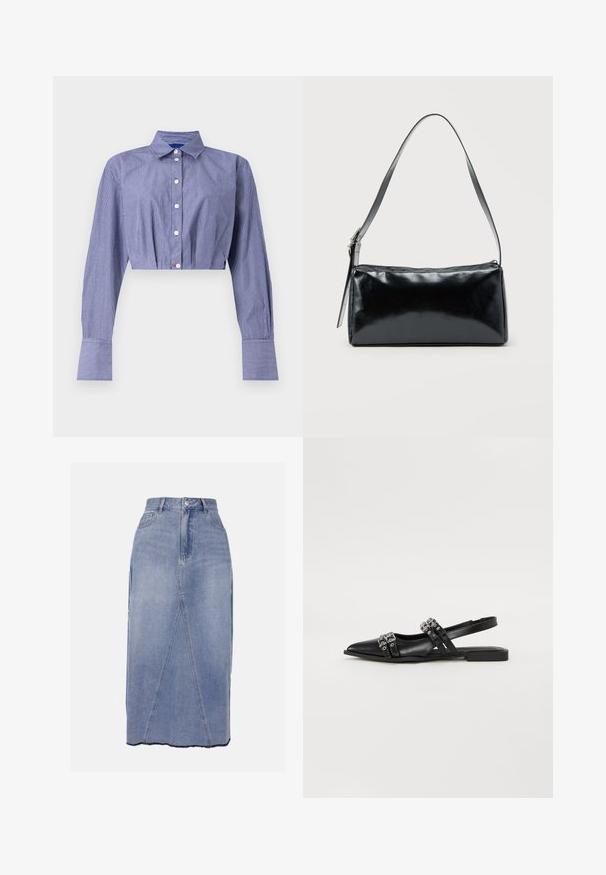 Stribet blå cropped skjorte med knaplukning foran, lange ærmer, klassisk krave og brede manchetter. Fremstillet af letvægtsstof.; Denim midi nederdel i lys blå, med høj talje, frontsømmene og en ujævn kant med rå kanter for et struktureret finish.; Even&Odd by Zalando Slingback-ballerinasko - black; Sort rektangulær skuldertaske med en enkelt justerbar rem og lynlås i toppen på en ensfarvet baggrund.